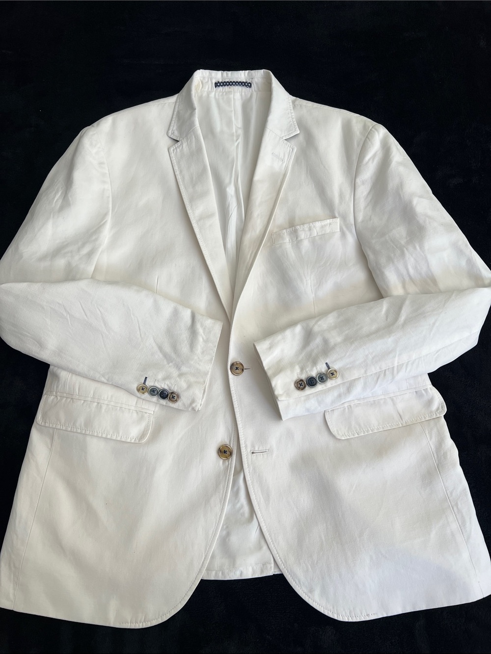 SAND, White Cotton & Linen Blazer with Navy Polka Dot Trim - Picture 3 of 14
